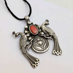 Peacock pendant with natural coral