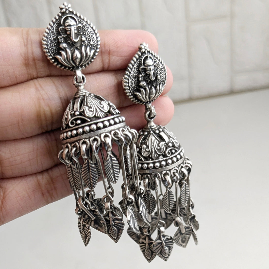 Fine silver Jhumki with Ganesha stud