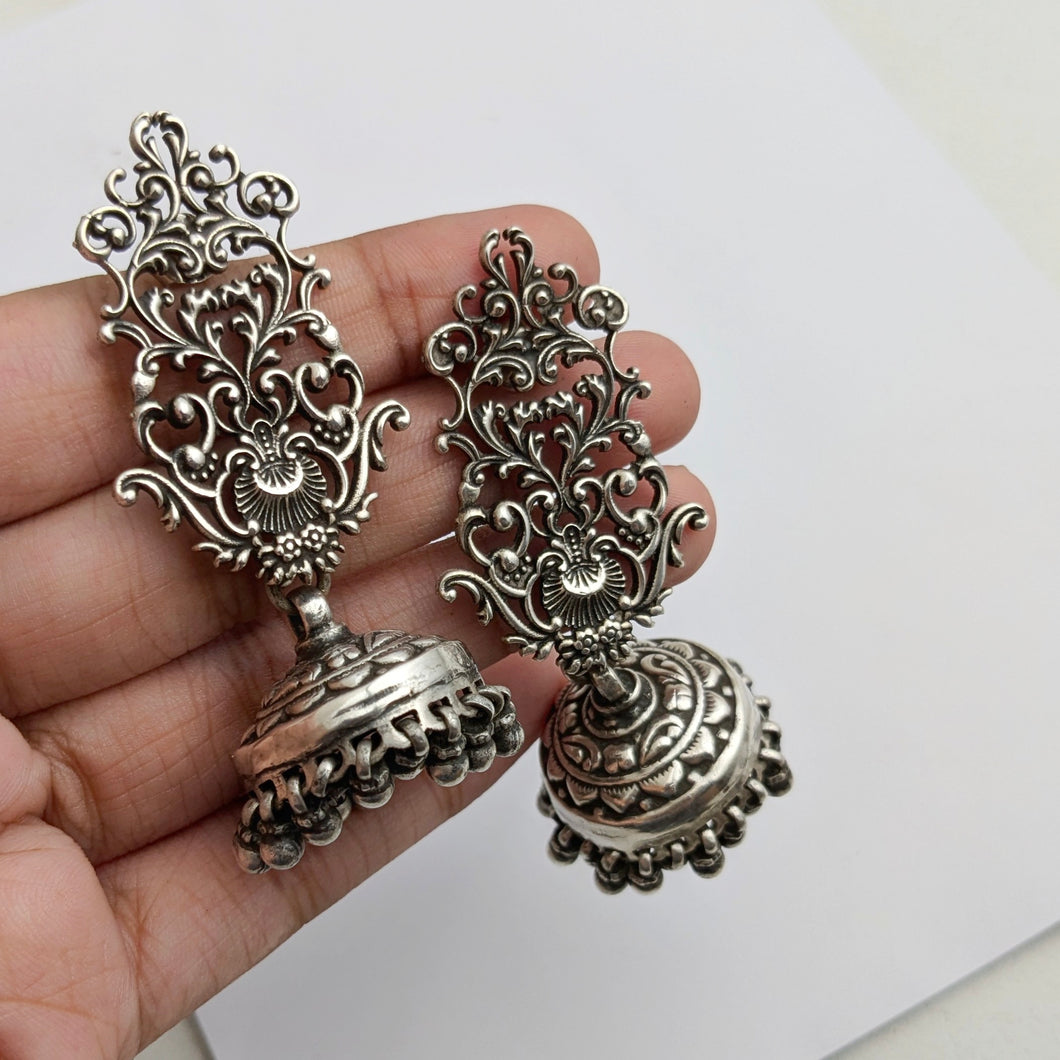 Fine silver Jhumki with filigree stud